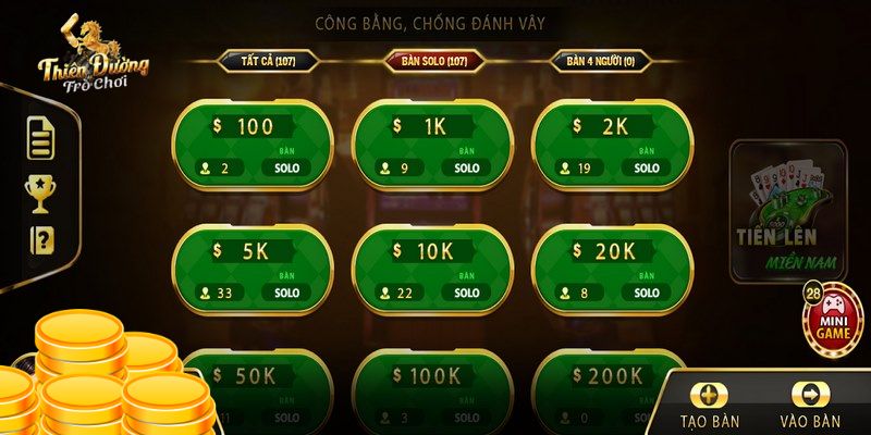 Các bàn cược tiến lên với mức phí tham gia đa dạng