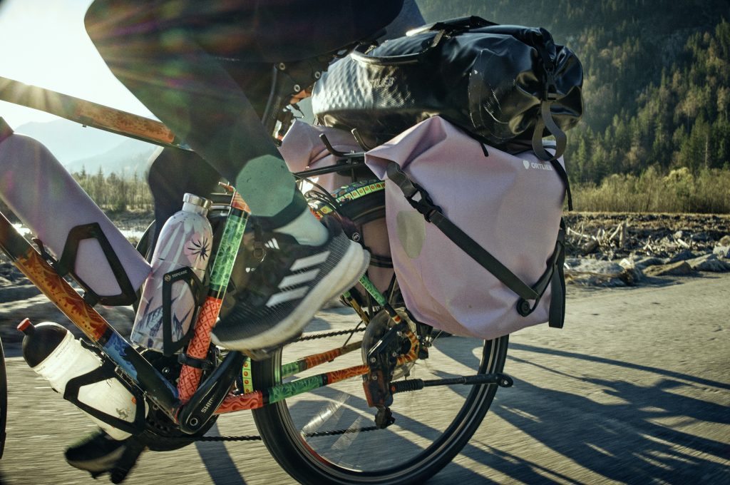 Ortlieb waterproof pannier bag mounted on a bicycle rear rack